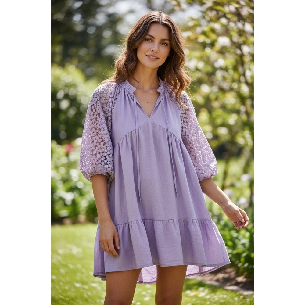 Umgee Lavender Purple Lace Crochet Sleeve Babydoll‎ Mini Dress B8483 Medium NWT